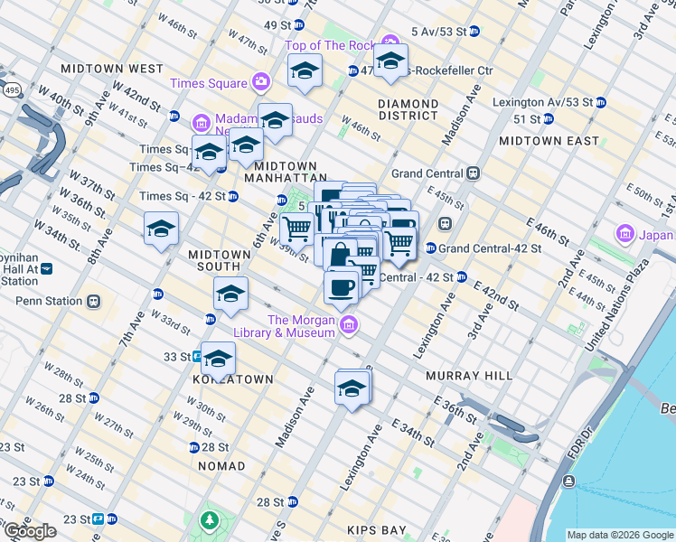 map of restaurants, bars, coffee shops, grocery stores, and more near 445 5th Avenue in New York