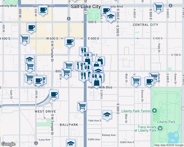 map of restaurants, bars, coffee shops, grocery stores, and more near 150 800 South in Salt Lake City