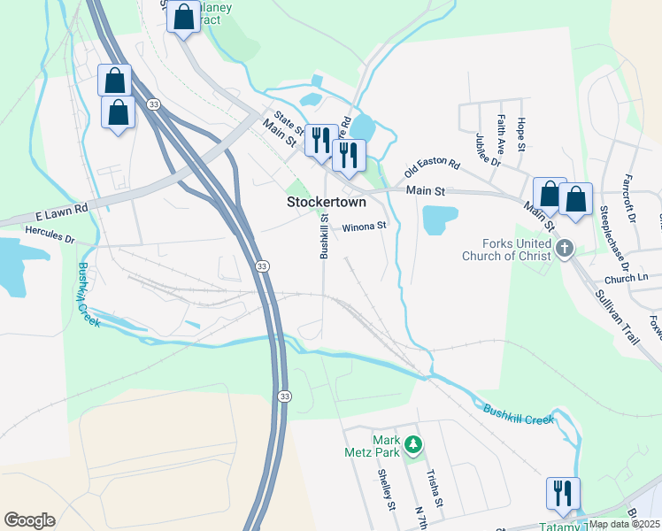 map of restaurants, bars, coffee shops, grocery stores, and more near 217 Bushkill Street in Easton