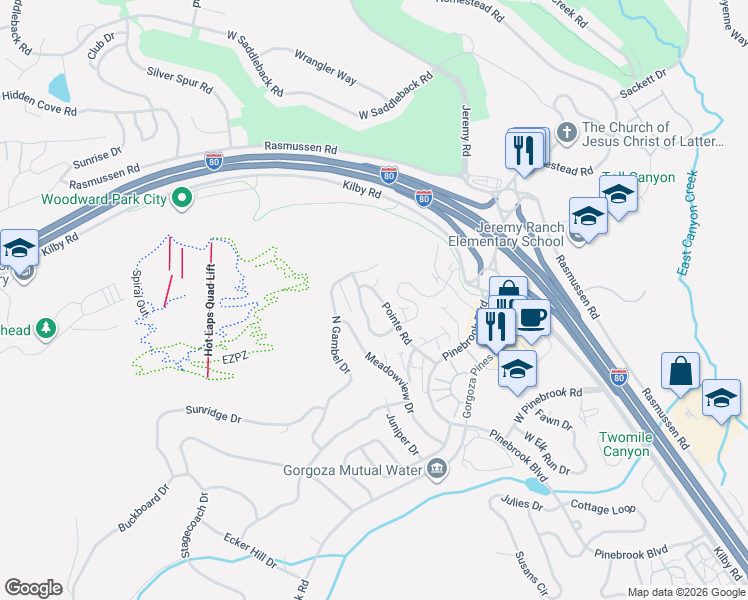 map of restaurants, bars, coffee shops, grocery stores, and more near 3455 Cedar Drive in Park City