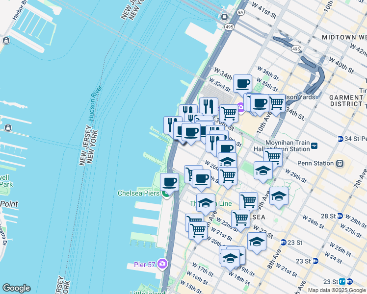 map of restaurants, bars, coffee shops, grocery stores, and more near 601 West 26th Street in New York