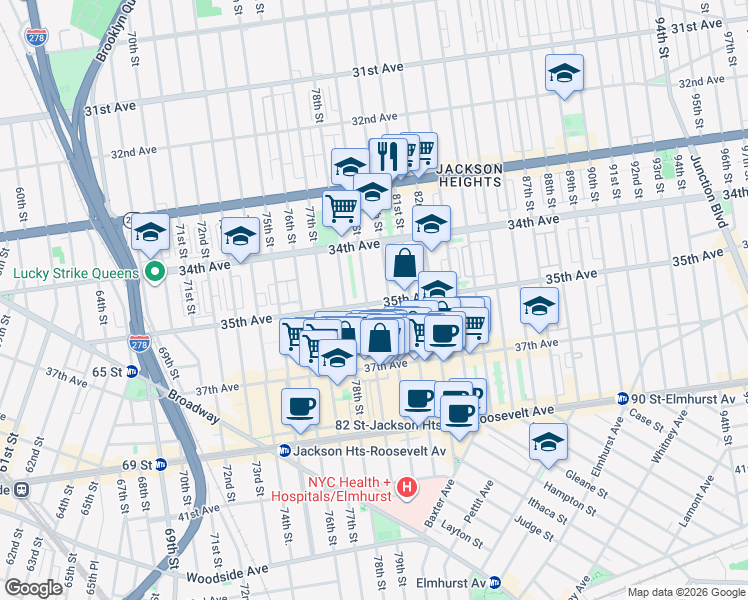 map of restaurants, bars, coffee shops, grocery stores, and more near in Queens