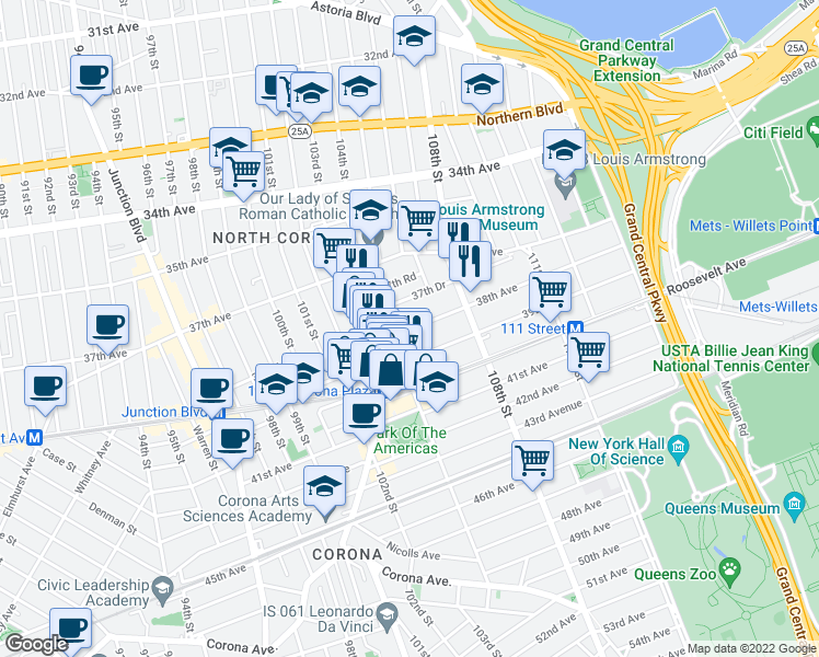 map of restaurants, bars, coffee shops, grocery stores, and more near 38th Avenue in Queens