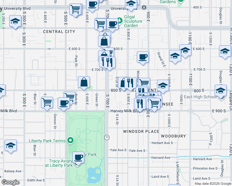 map of restaurants, bars, coffee shops, grocery stores, and more near 736 East 800 South in Salt Lake City