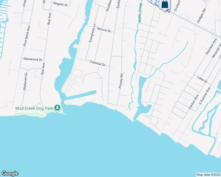 map of restaurants, bars, coffee shops, grocery stores, and more near 293 Durkee Lane in East Patchogue