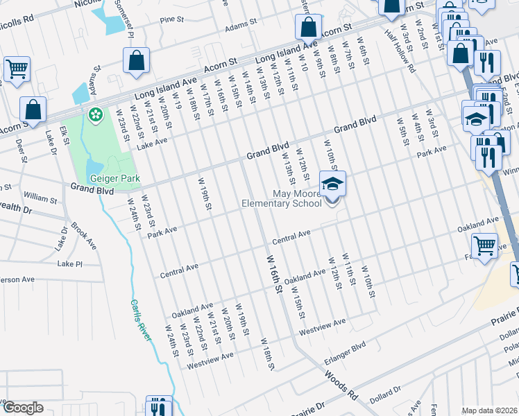 map of restaurants, bars, coffee shops, grocery stores, and more near 321 Park Avenue in Deer Park