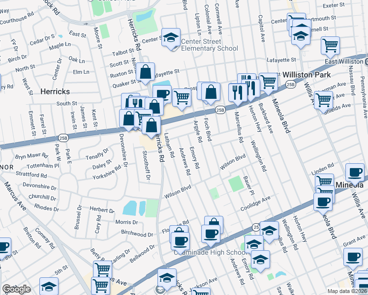 map of restaurants, bars, coffee shops, grocery stores, and more near 485 Andrews Road in Mineola