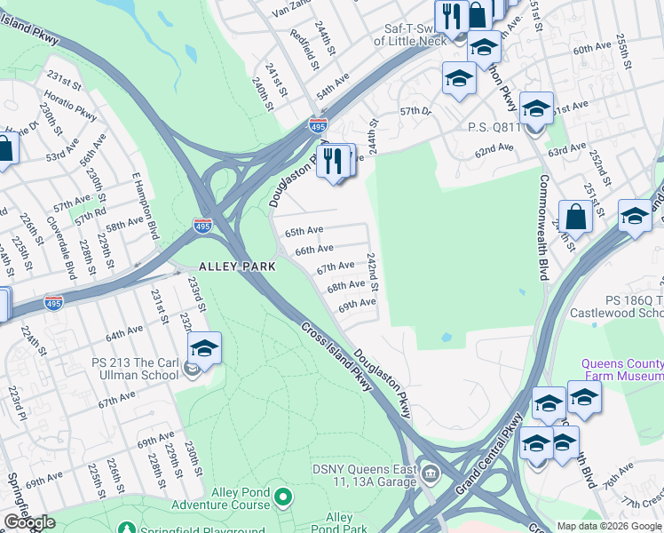 map of restaurants, bars, coffee shops, grocery stores, and more near 240-43 67th Avenue in Queens