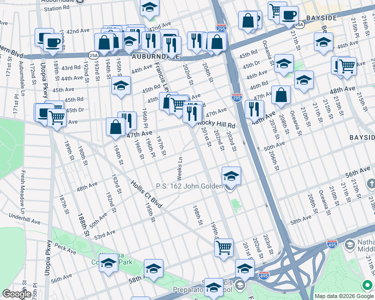 map of restaurants, bars, coffee shops, grocery stores, and more near 199-21 48th Avenue in Queens