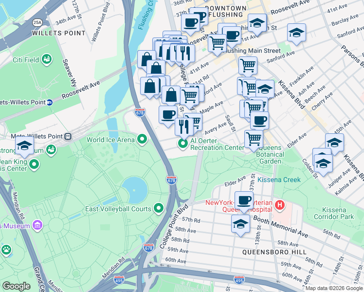 map of restaurants, bars, coffee shops, grocery stores, and more near 13144 Avery Avenue in Queens
