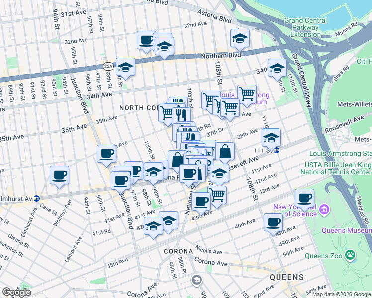 map of restaurants, bars, coffee shops, grocery stores, and more near 37-54 104th Street in Queens
