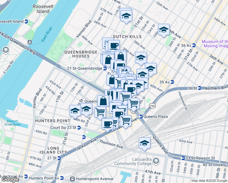 map of restaurants, bars, coffee shops, grocery stores, and more near 41-31 23rd Street in Queens