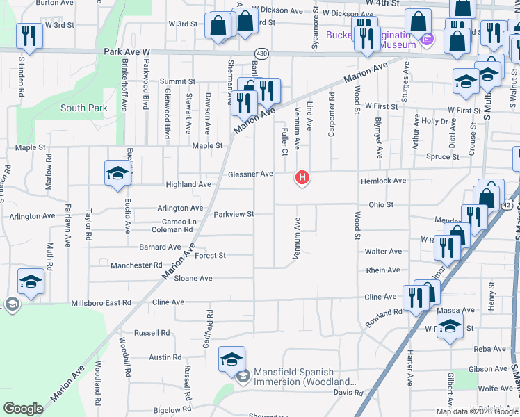 map of restaurants, bars, coffee shops, grocery stores, and more near 254 Poplar Street in Mansfield