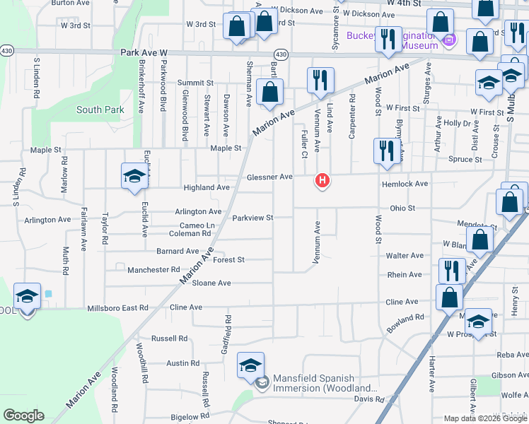 map of restaurants, bars, coffee shops, grocery stores, and more near 248 Bartley Avenue in Mansfield