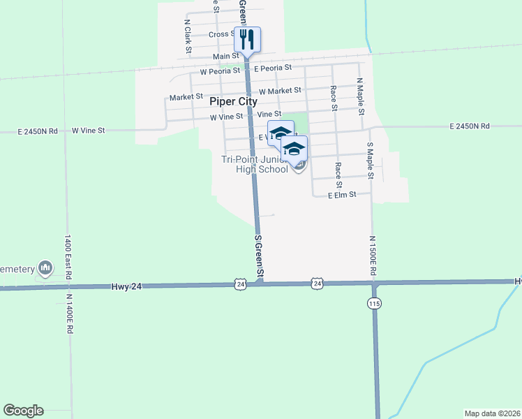 map of restaurants, bars, coffee shops, grocery stores, and more near 1 East Centennial Court in Piper City