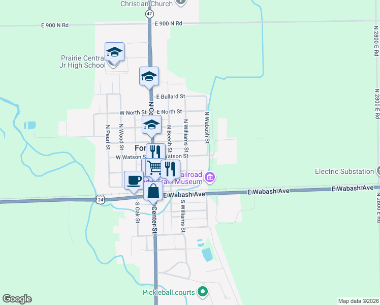 map of restaurants, bars, coffee shops, grocery stores, and more near 312 East Martin Street in Forrest