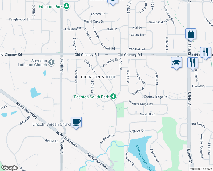 map of restaurants, bars, coffee shops, grocery stores, and more near 6001 Cross Creek Road in Lincoln