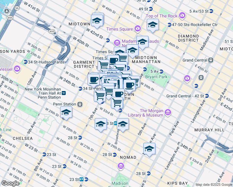 map of restaurants, bars, coffee shops, grocery stores, and more near 132 West 36th Street in New York