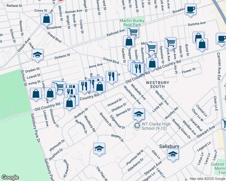 map of restaurants, bars, coffee shops, grocery stores, and more near 800 Old Country Road in Westbury
