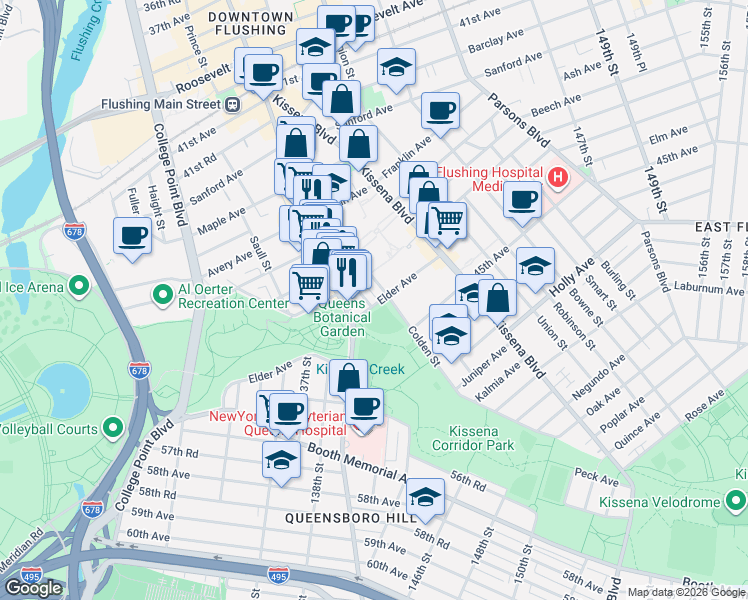 map of restaurants, bars, coffee shops, grocery stores, and more near 4317 Main Street in Queens