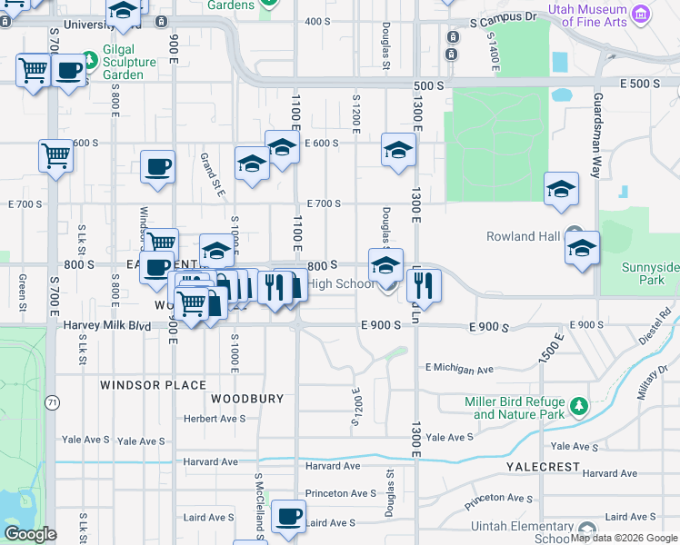 map of restaurants, bars, coffee shops, grocery stores, and more near 1164 East 800 South in Salt Lake City