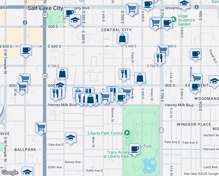 map of restaurants, bars, coffee shops, grocery stores, and more near 430 East 800 South in Salt Lake City