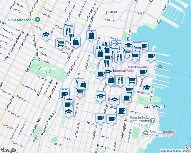 map of restaurants, bars, coffee shops, grocery stores, and more near 1125 Jefferson Street in Hoboken