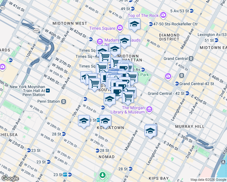 map of restaurants, bars, coffee shops, grocery stores, and more near 998 6th Avenue in New York