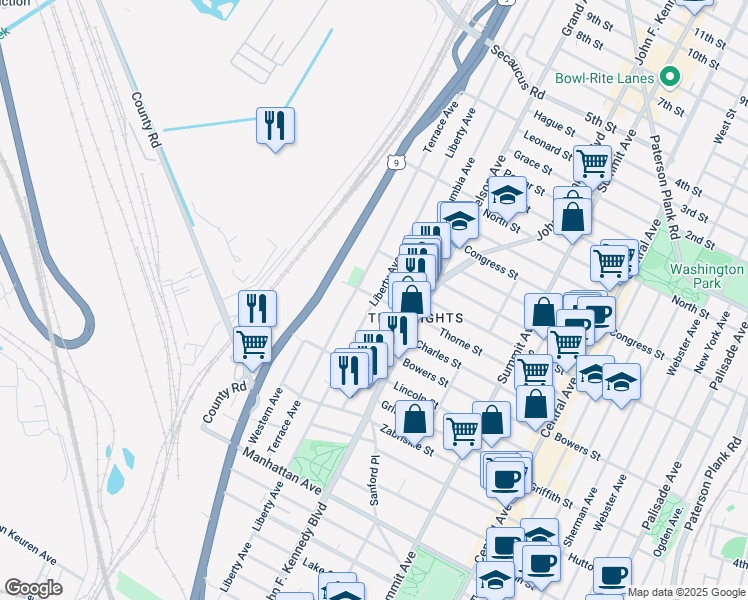 map of restaurants, bars, coffee shops, grocery stores, and more near Liberty Avenue in Jersey City