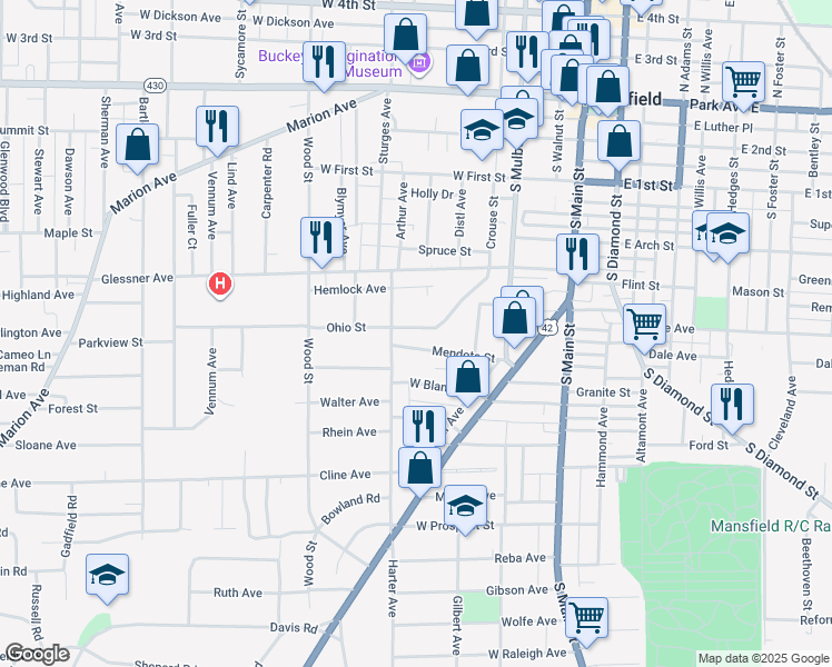 map of restaurants, bars, coffee shops, grocery stores, and more near 157 Ohio Street in Mansfield