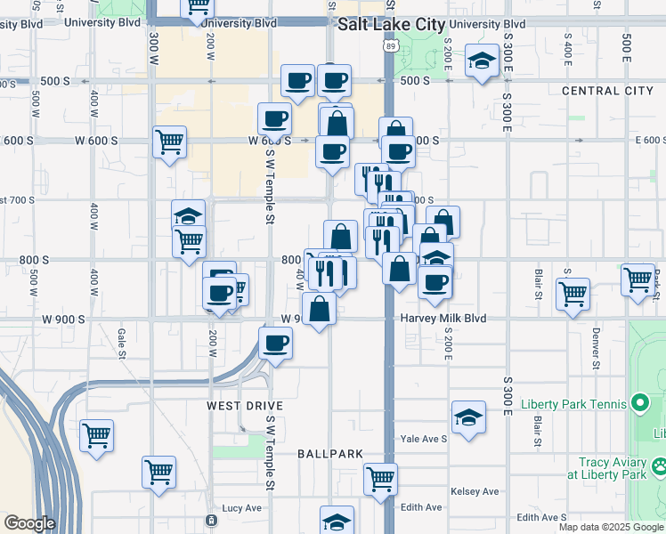 map of restaurants, bars, coffee shops, grocery stores, and more near 4 800 South in Salt Lake City