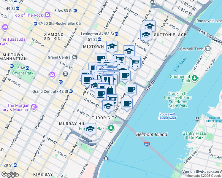 map of restaurants, bars, coffee shops, grocery stores, and more near 321 East 45th Street in New York