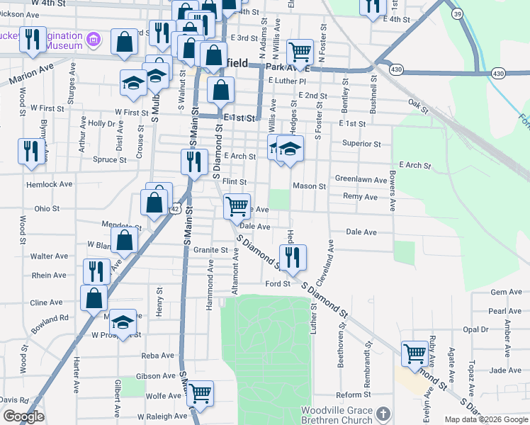 map of restaurants, bars, coffee shops, grocery stores, and more near 229 South Adams Street in Mansfield