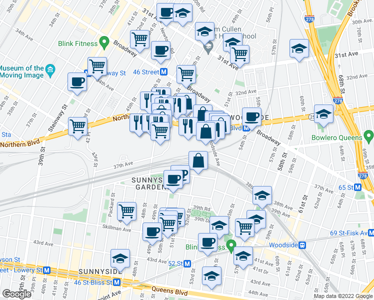 map of restaurants, bars, coffee shops, grocery stores, and more near 21 in Queens