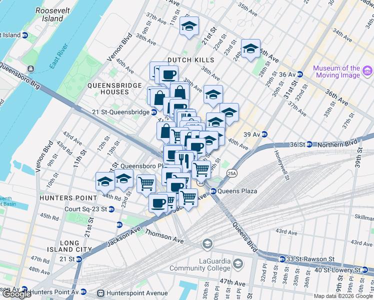 map of restaurants, bars, coffee shops, grocery stores, and more near 41-26 27th Street in Queens