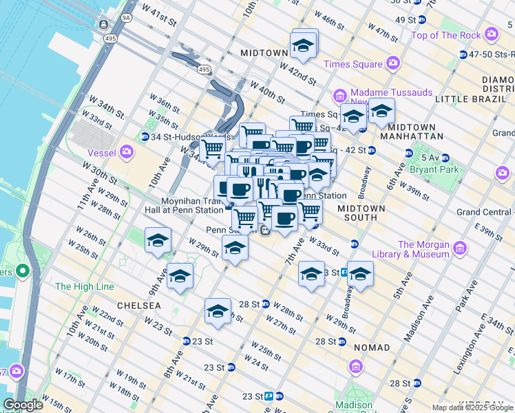 map of restaurants, bars, coffee shops, grocery stores, and more near 5 Pennsylvania Plaza in New York