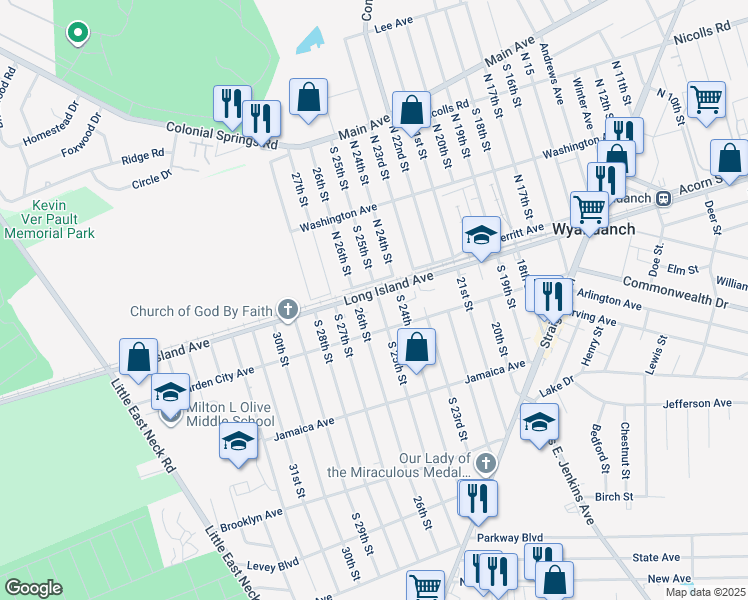 map of restaurants, bars, coffee shops, grocery stores, and more near 172 Long Island Avenue in Wyandanch