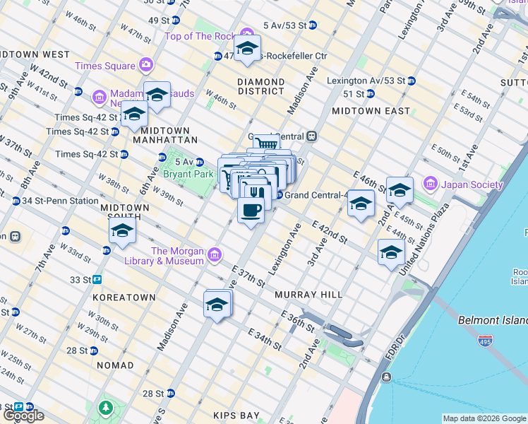 map of restaurants, bars, coffee shops, grocery stores, and more near 120 Park Avenue in New York
