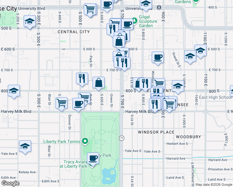 map of restaurants, bars, coffee shops, grocery stores, and more near 668 East 800 South in Salt Lake City