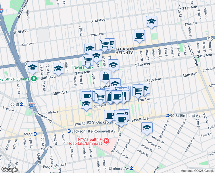 map of restaurants, bars, coffee shops, grocery stores, and more near 81-15 35th Avenue in Queens