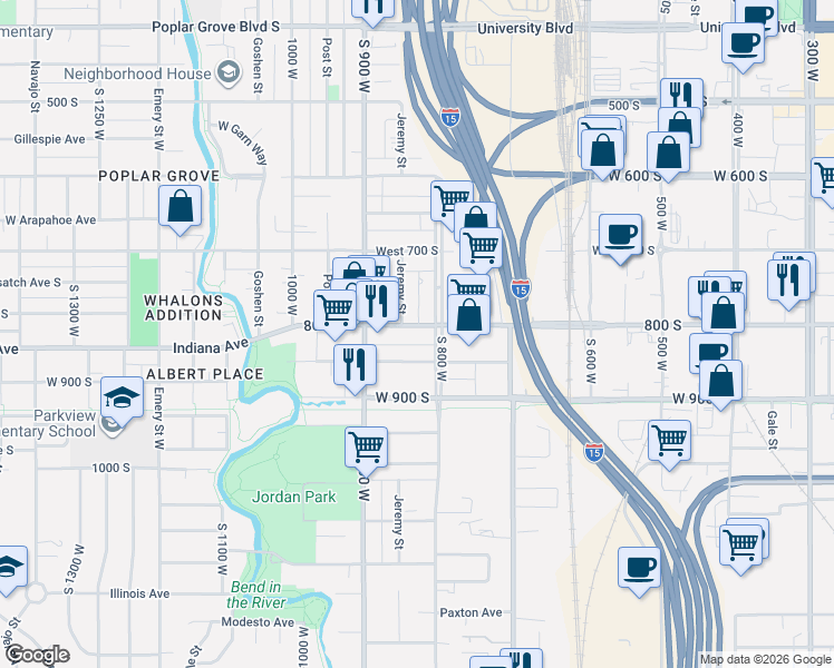 map of restaurants, bars, coffee shops, grocery stores, and more near 832 800 South in Salt Lake City