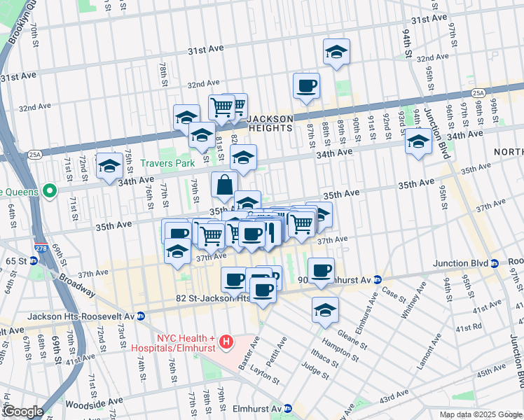 map of restaurants, bars, coffee shops, grocery stores, and more near 8215 35th Avenue in Queens