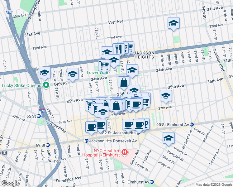 map of restaurants, bars, coffee shops, grocery stores, and more near in Queens