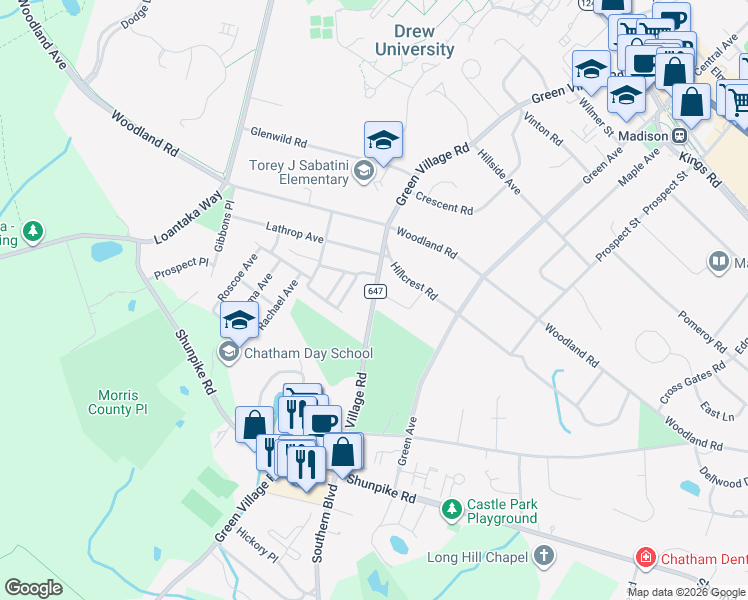 map of restaurants, bars, coffee shops, grocery stores, and more near 173 Green Village Road in Madison
