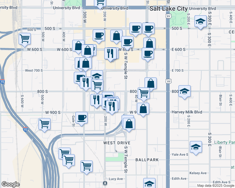 map of restaurants, bars, coffee shops, grocery stores, and more near 154 West 800 South in Salt Lake City
