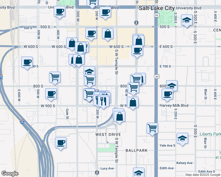 map of restaurants, bars, coffee shops, grocery stores, and more near 154 West 800 South in Salt Lake City
