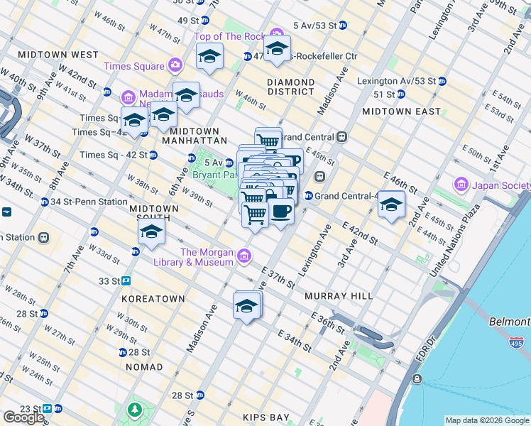 map of restaurants, bars, coffee shops, grocery stores, and more near 285 Madison Avenue in New York
