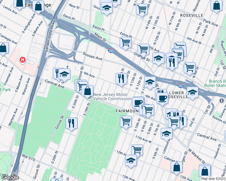 map of restaurants, bars, coffee shops, grocery stores, and more near 78 South 16th Street in East Orange