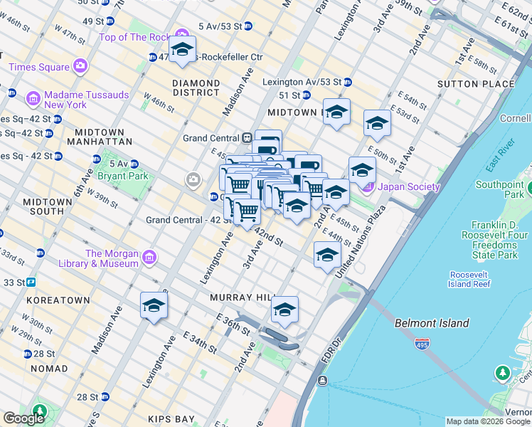 map of restaurants, bars, coffee shops, grocery stores, and more near 666 3rd Avenue in New York