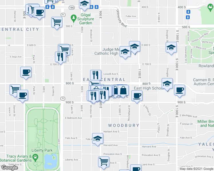map of restaurants, bars, coffee shops, grocery stores, and more near 804 Lincoln Street in Salt Lake City